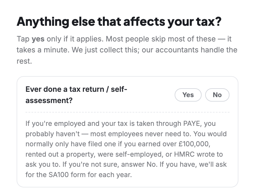 After: Self Assessment question with PAYE explanation