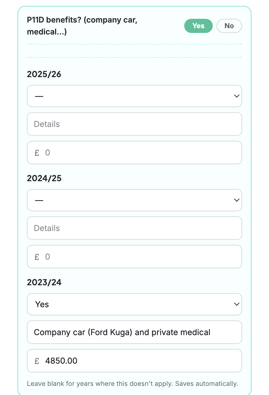 The P11D question as the client fills it in